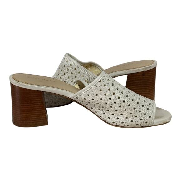 Cole Haan Woven Block Heel Mulkes Womens 8 B White Leather Peep Toe Sandals - Picture 7 of 8